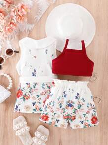 嬰兒素色吊帶上衣和印花短褲和腰帶外套 - 紅白色 - 查看 2