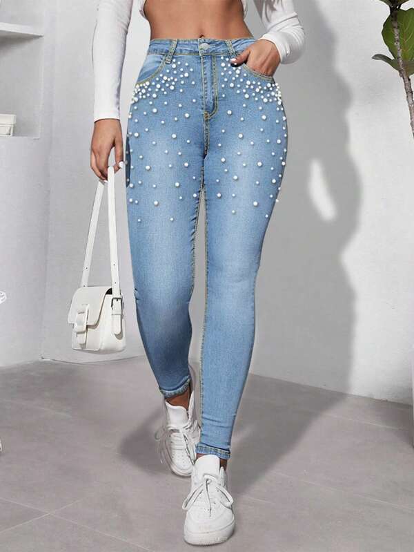 Pearls Beaded Skinny Pants