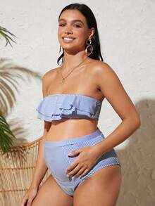 SHEIN Maternity Striped Ruffle Trim Bandeau Bikini Set Summer Beach - Blue and White - View 4