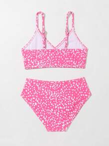 年轻女孩 1 套斑点狗斜领比基尼套装夏季海滩 - 粉色 - 查看 4