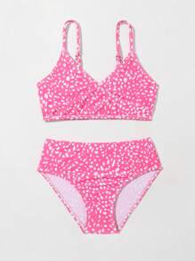 年轻女孩 1 套斑点狗斜领比基尼套装夏季海滩 - 粉色 - 查看 6