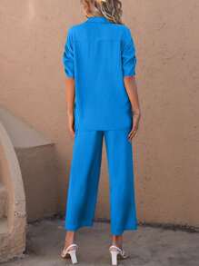 SHEIN LUNE 素色前紐扣襯衫和闊腿褲 - 藍色 - 查看 2