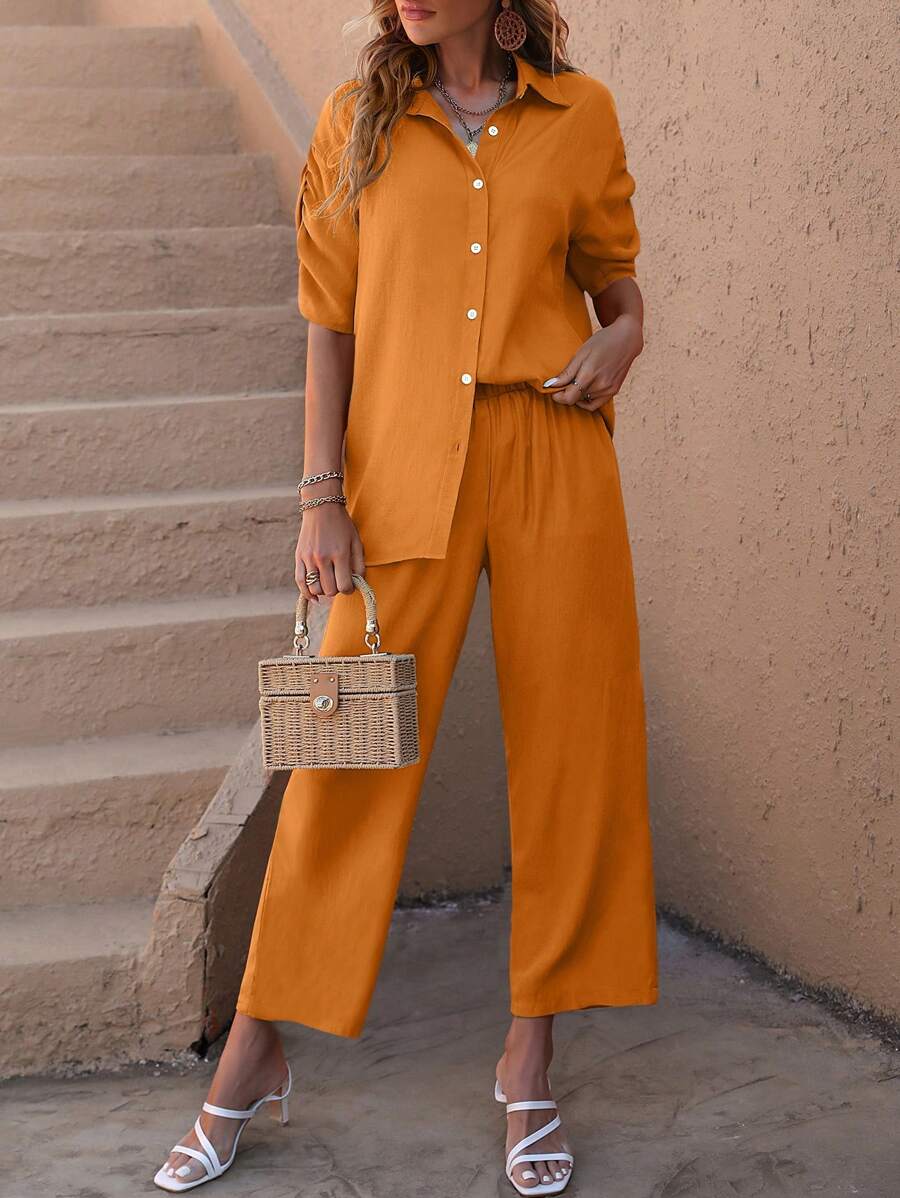 SHEIN LUNE Bộ đồ hai mảnh nữ Nút phía trước màu trơn Giải trí - trái cam - Xem 1