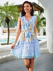 SHEIN VCAY Floral Print Ruffle Trim Belted Dress - Multicolor - View 7