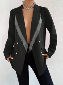 Zolique Fringe Trim Double Breasted Blazer - Black - View 1