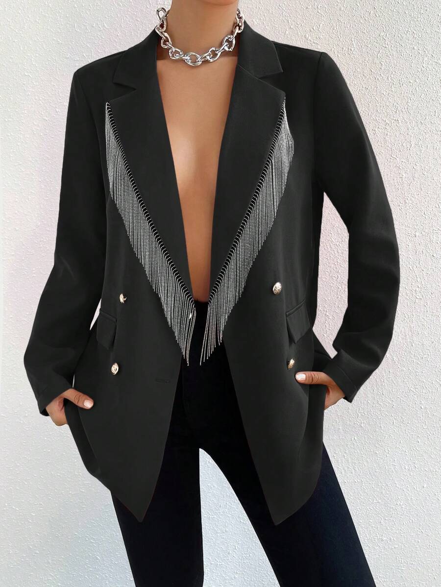 Zolique Fringe Trim Double Breasted Blazer - Black - View 1