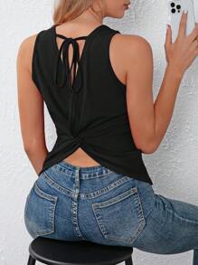 SHEIN LUNE Tie Back Twist Hem Tank Top - Black - View 1