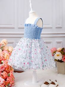 SHEIN Toddler Girls Butterfly Appliques Mesh Overlay Ruffle Trim Cami Dress - Blue and White - View 3