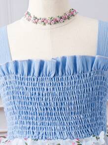 SHEIN Toddler Girls Butterfly Appliques Mesh Overlay Ruffle Trim Cami Dress - Blue and White - View 5