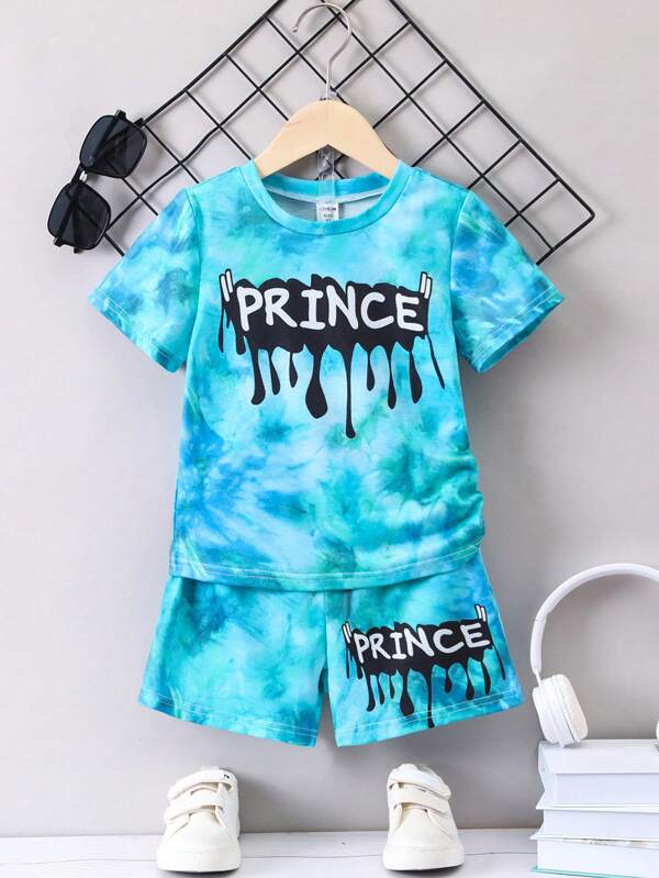 SHEIN Young Boy Blue Letter Tie-dye Casual Cool Round Neck Regular Sleeve 2pcs/set For Summer