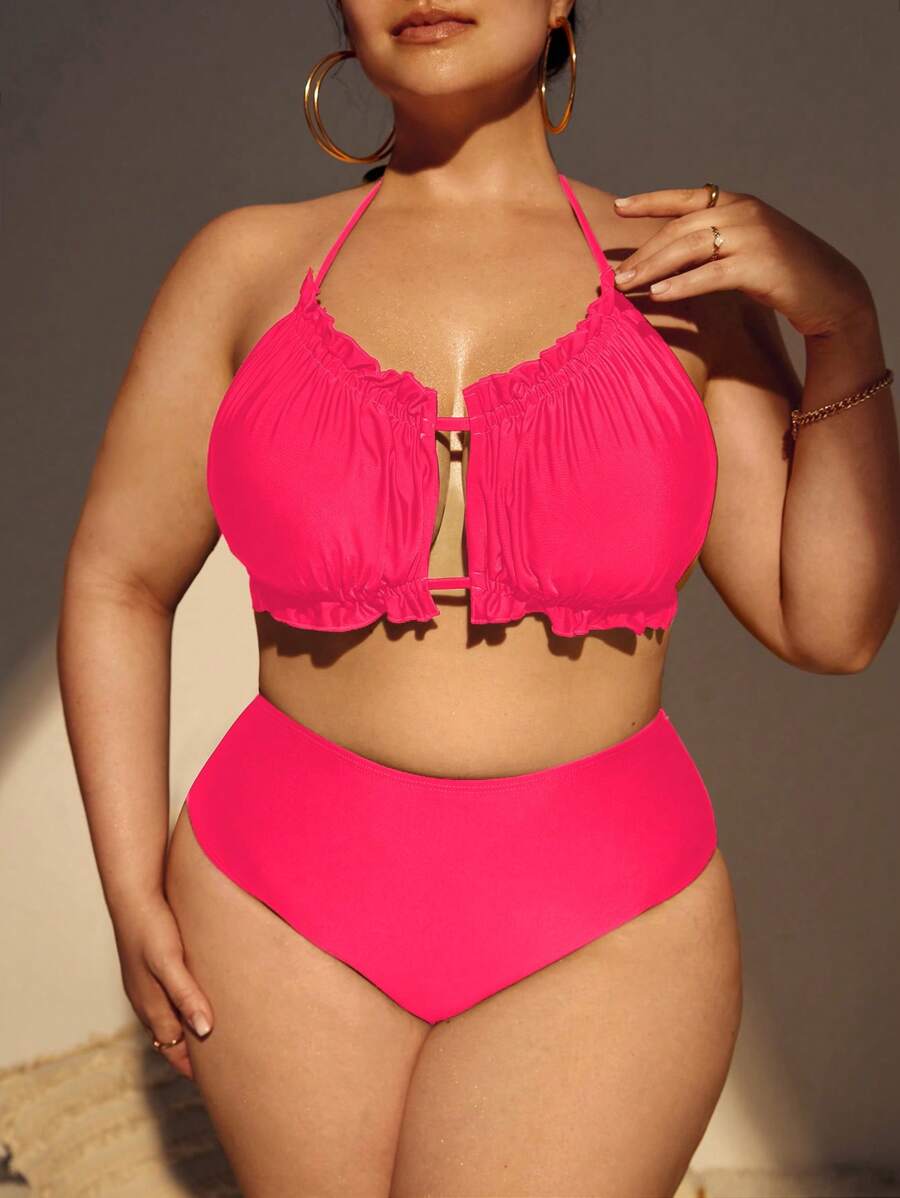 SHEIN Swim Curve 大尺碼荷葉邊掛脖比基尼套裝夏日海灘 - 粉色 - 查看 1