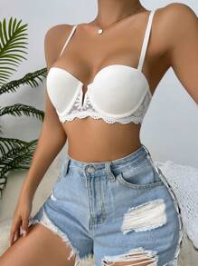 Contrast Lace Underwire Bra - White - View 6