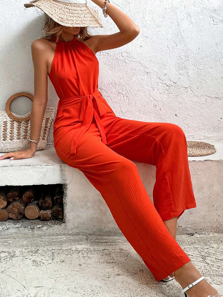 Breezaya Áo liền quần nữ Thắt lưng Buộc lại màu trơn Thanh lịch - Màu Cam cháy - Xem 1
