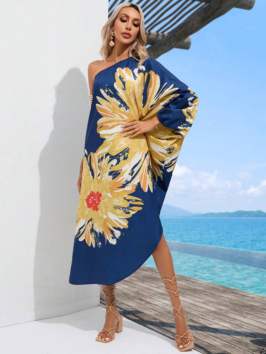 SHEIN VCAY 印花單肩蝙蝠袖不對稱下擺連衣裙 - 彩色 - 查看 1