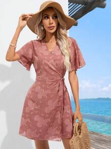 SHEIN VCAY Jacquard Knot Side Wrap Dress - Dusty Pink - View 4