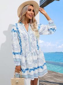 SHEIN VCAY Floral Print Notched Neckline Ruffle Hem Smock Dress - Blue and White - View 1