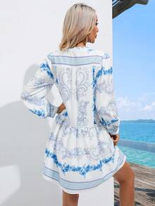 SHEIN VCAY Floral Print Notched Neckline Ruffle Hem Smock Dress - Blue and White - View 2