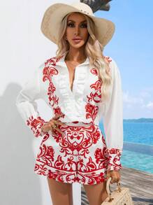 Aveloria Shorts con blusa con estampado de dibujo ribete con fruncido - Rojo y blanco - Ver 4