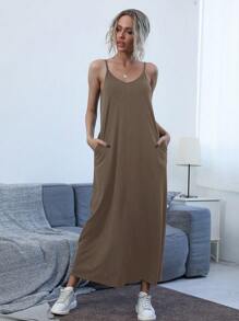 SHEIN LUNE 斜口袋素色吊帶洋裝 - 棕色 - 查看 1