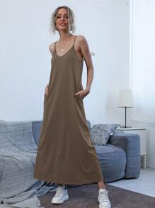 SHEIN LUNE 斜口袋素色吊帶洋裝 - 棕色 - 查看 3