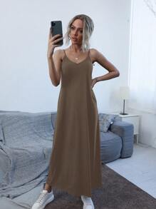 SHEIN LUNE 斜口袋素色吊帶洋裝 - 棕色 - 查看 5