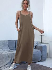 SHEIN LUNE 斜口袋素色吊帶洋裝 - 棕色 - 查看 6