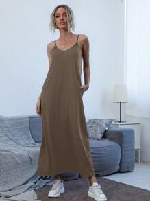 SHEIN LUNE 斜口袋素色吊帶洋裝 - 棕色 - 查看 7