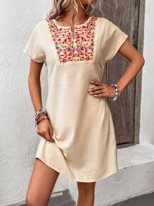 SHEIN Holidaya Floral Print Notched Neckline Batwing Sleeve Dress - Apricot - View 4