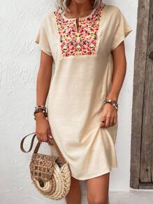 SHEIN Holidaya Floral Print Notched Neckline Batwing Sleeve Dress - Apricot - View 5