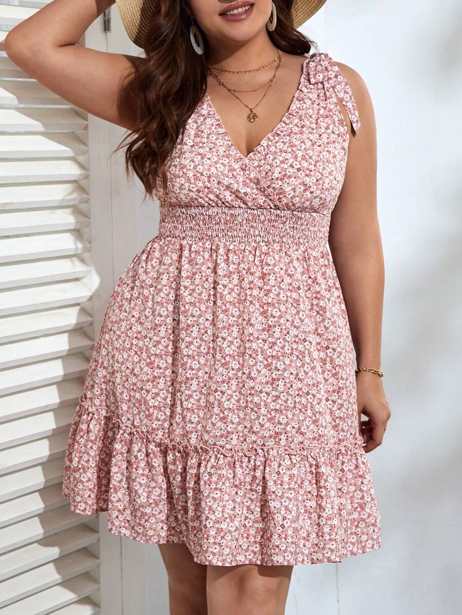 Dreamara 大碼碎花肩上打結荷葉邊洋裝 - 彩色 - 查看 1