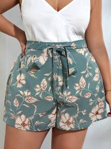SHEIN VCAY Plus Size Boho Floral Print Belted Shorts, For Summer - Multicolor - View 4