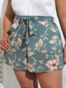 SHEIN VCAY Plus Size Boho Floral Print Belted Shorts, For Summer - Multicolor - View 5