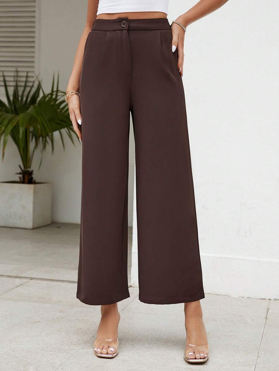 SHEIN PETITE 高腰闊腿褲 - 巧克力棕 - 查看 1