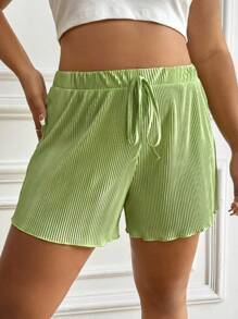 SHEIN EZwear Plus Tie Waist Ribbed Knit Shorts - Green - View 3