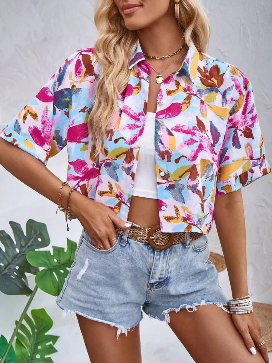 SHEIN VCAY Áo sơ mi nữ Nút phía trước Thực vật Tất cả trên in Boho - Nhiều màu - Xem 1