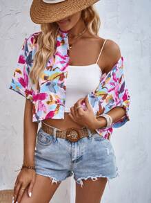 SHEIN VCAY Áo sơ mi nữ Nút phía trước Thực vật Tất cả trên in Boho - Nhiều màu - Xem 5