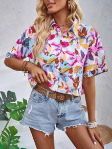SHEIN VCAY Áo sơ mi nữ Nút phía trước Thực vật Tất cả trên in Boho - Nhiều màu - Xem 6