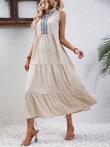 Breezaya Contrast Lace Ruffle Hem Smock Dress - Apricot - View 4
