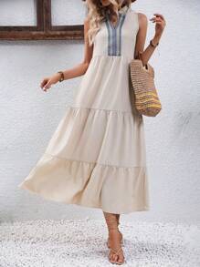 Breezaya Contrast Lace Ruffle Hem Smock Dress - Apricot - View 5