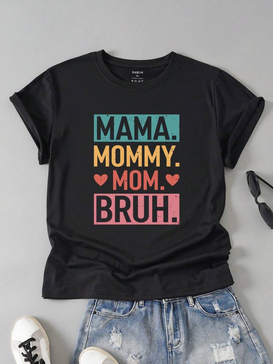 INAWLY Plus Heart And Letter Graphic Tee, Women Summer T-Shirt - Black - View 1