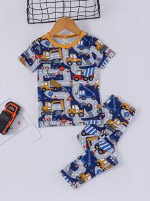 Toddler Boys Car Print Contrast Binding Snug Fit PJ Set - Blue - View 1