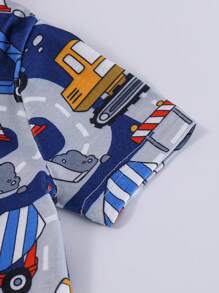 Toddler Boys Car Print Contrast Binding Snug Fit PJ Set - Blue - View 3