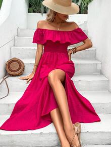 SHEIN VCAY Vestido de hombros descubiertos ribete con fruncido sin cinturón - Rosa Fucsia - Ver 3