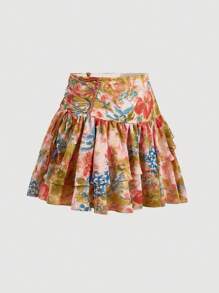 SHEIN MOD Floral Print Lace Up Side Skirt - Multicolor - View 3