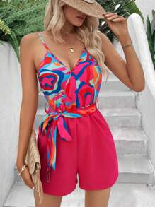 SHEIN VCAY 圖案印花腰帶吊帶連體短褲 - 玫紅色 - 查看 1