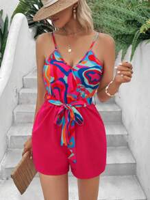 SHEIN VCAY 圖案印花腰帶吊帶連體短褲 - 玫紅色 - 查看 4