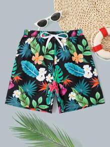 1 Pieza De Pantalón Corto De Baño Con Cintura Ajustable Para Niños, Con Estampado Tropical