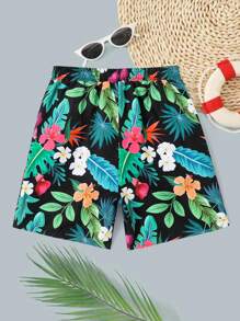 1 Pieza De Pantalón Corto De Baño Con Cintura Ajustable Para Niños, Con Estampado Tropical