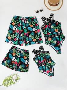 1 Pieza De Pantalón Corto De Baño Con Cintura Ajustable Para Niños, Con Estampado Tropical