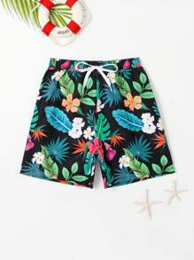 1 Pieza De Pantalón Corto De Baño Con Cintura Ajustable Para Niños, Con Estampado Tropical